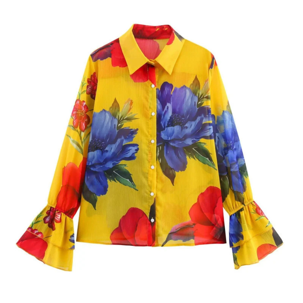 ZARA Chic Fall Printed Flare Sleeve Blouse